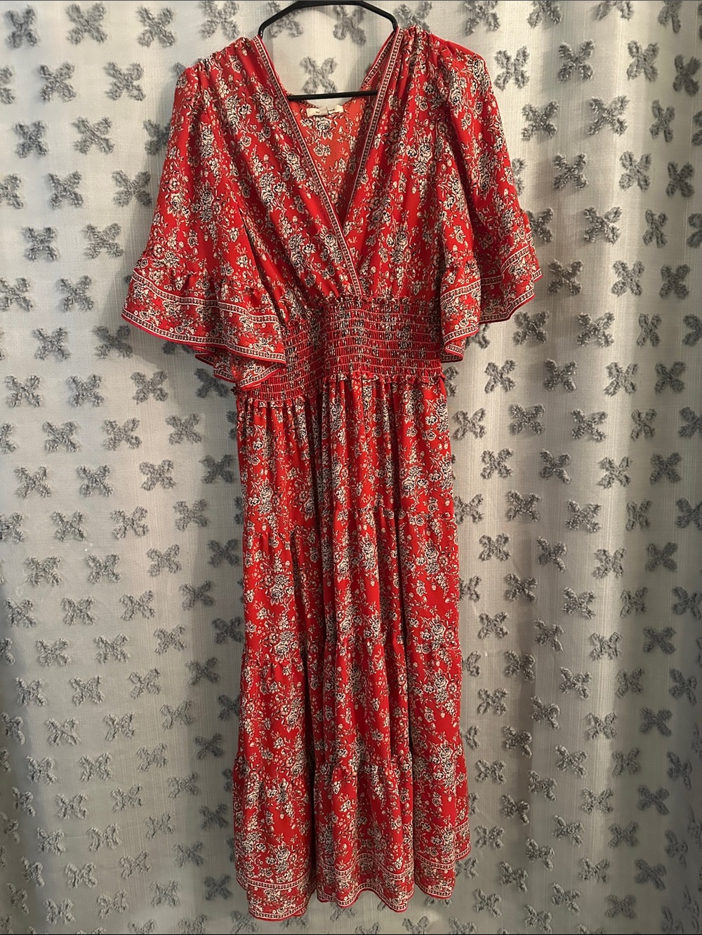 Max Studio Red Floral V‑Neck Smocked Waist Maxi Dress
